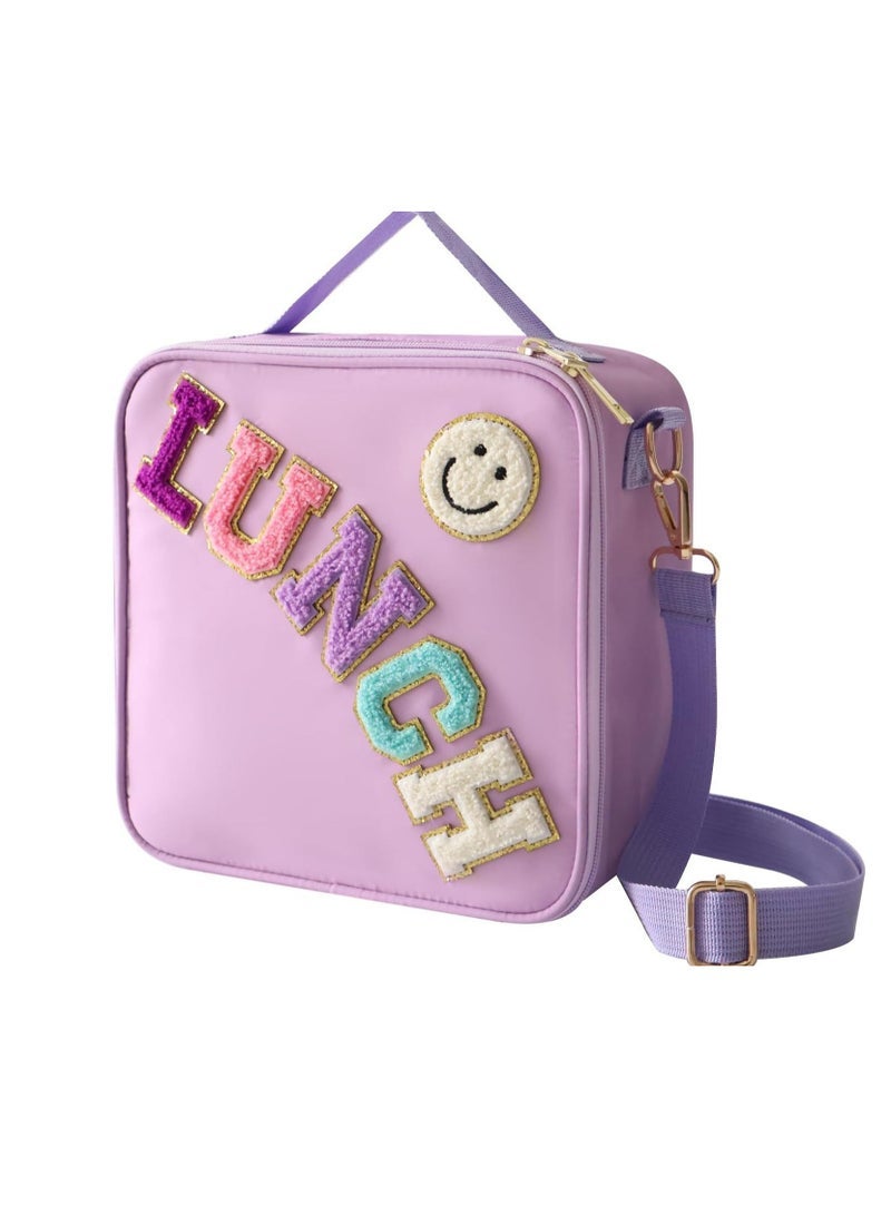 Insulated Lunch Bag With Adjustable Shoulder Strap, Nylon Preppy Lunch Box Large Insulated Lunch Bag Reusable Lunch Tote Bag with Smiley Preppy LunchBag for Girls School Travel Picnic (Purple) - Image 1