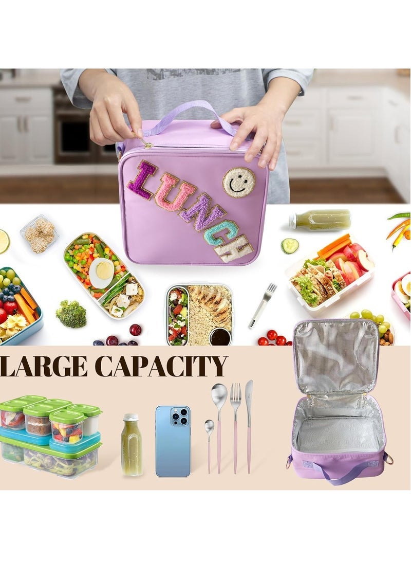 Insulated Lunch Bag With Adjustable Shoulder Strap, Nylon Preppy Lunch Box Large Insulated Lunch Bag Reusable Lunch Tote Bag with Smiley Preppy LunchBag for Girls School Travel Picnic (Purple) - Image 5