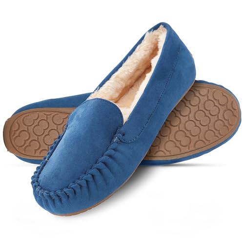 Floopi Women Slippers Moccasins, Soft Faux Fur Lining with Cozy Memory Foam, Ladies House Slippers for Women with Indoor & Outdoor Anti-Skid Sole (10 - Navy) - Image 1