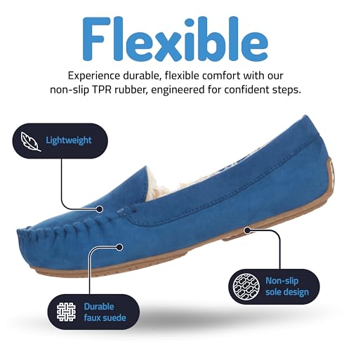 Floopi Women Slippers Moccasins, Soft Faux Fur Lining with Cozy Memory Foam, Ladies House Slippers for Women with Indoor & Outdoor Anti-Skid Sole (10 - Navy) - Image 3