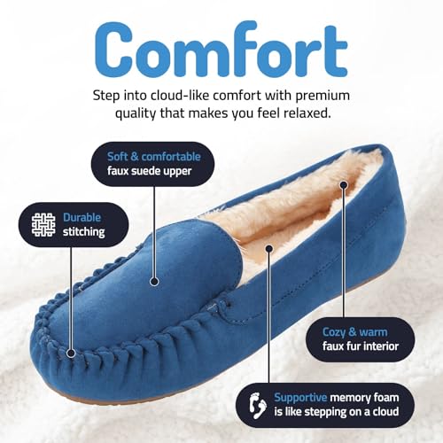 Floopi Women Slippers Moccasins, Soft Faux Fur Lining with Cozy Memory Foam, Ladies House Slippers for Women with Indoor & Outdoor Anti-Skid Sole (10 - Navy) - Image 2