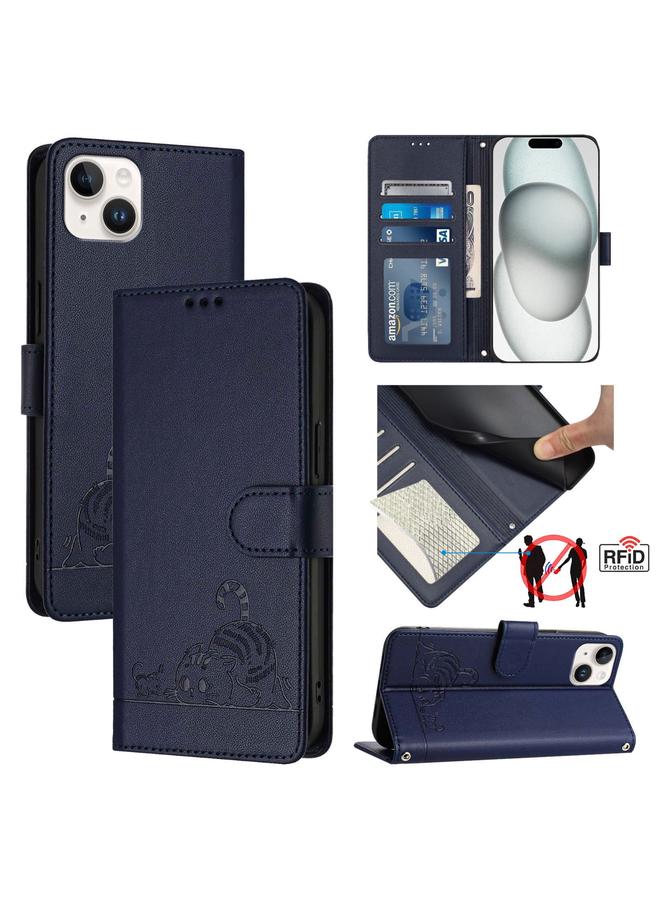 S-TOP Case For iPhone 14 Plus Cat Rat Embossed Pattern RFID Leather Phone Case with Lanyard - Image 1