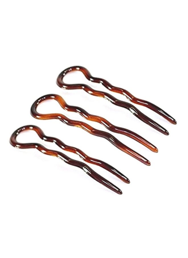 Parcelona Parcelona French Sleek Brown Tortoise Shell Large 3 1/2" Celluloid Made in France Set of 3 Wavy Crink U Shaped Chignon Hair Pins Updo Bun Pin Sticks for Women and Girls  - Image 1