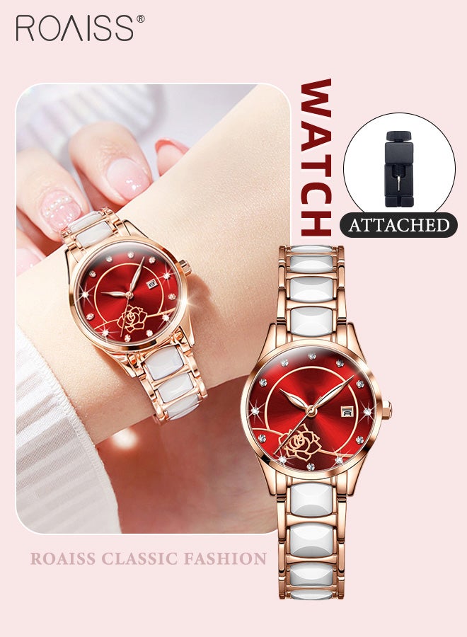 roaiss Ceramic Steel Strap Quartz Watches for Women, Analog Display Round Rose Pattern Dial with Calendar, Luminous Waterproof Fashionable Exquisite Wristwatch as Gift for Ladies - Image 1