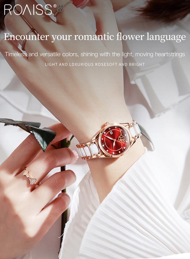 roaiss Ceramic Steel Strap Quartz Watches for Women, Analog Display Round Rose Pattern Dial with Calendar, Luminous Waterproof Fashionable Exquisite Wristwatch as Gift for Ladies - Image 2