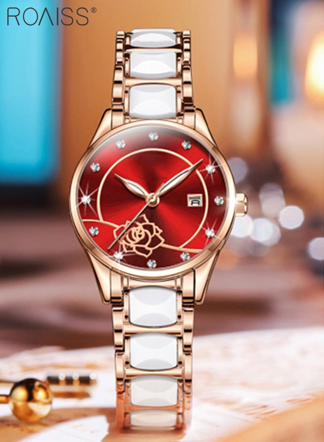 roaiss Ceramic Steel Strap Quartz Watches for Women, Analog Display Round Rose Pattern Dial with Calendar, Luminous Waterproof Fashionable Exquisite Wristwatch as Gift for Ladies - Image 3