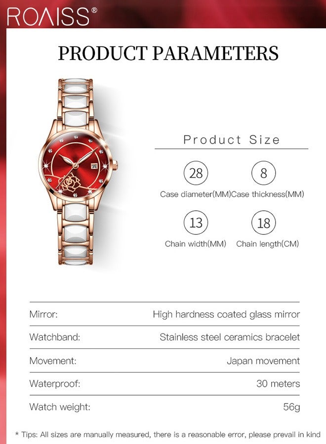 roaiss Ceramic Steel Strap Quartz Watches for Women, Analog Display Round Rose Pattern Dial with Calendar, Luminous Waterproof Fashionable Exquisite Wristwatch as Gift for Ladies - Image 4