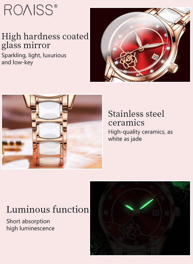 roaiss Ceramic Steel Strap Quartz Watches for Women, Analog Display Round Rose Pattern Dial with Calendar, Luminous Waterproof Fashionable Exquisite Wristwatch as Gift for Ladies - Image 5