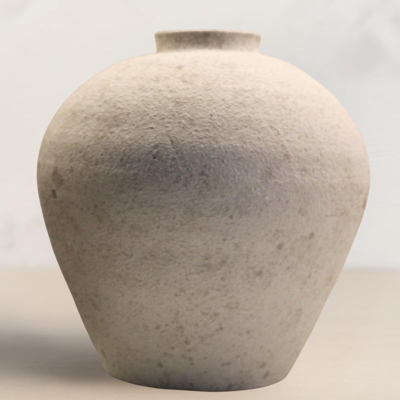 RyddeligHome Handemade Large Round Vase for Centerpieces, White Rustic Vase Farmhouse Decor, Distressed Textured for Home Decorations, Earthy Room Decor Aesthetic, Stone Look Ceramic Clay Pottery, 9 inch - Image 1