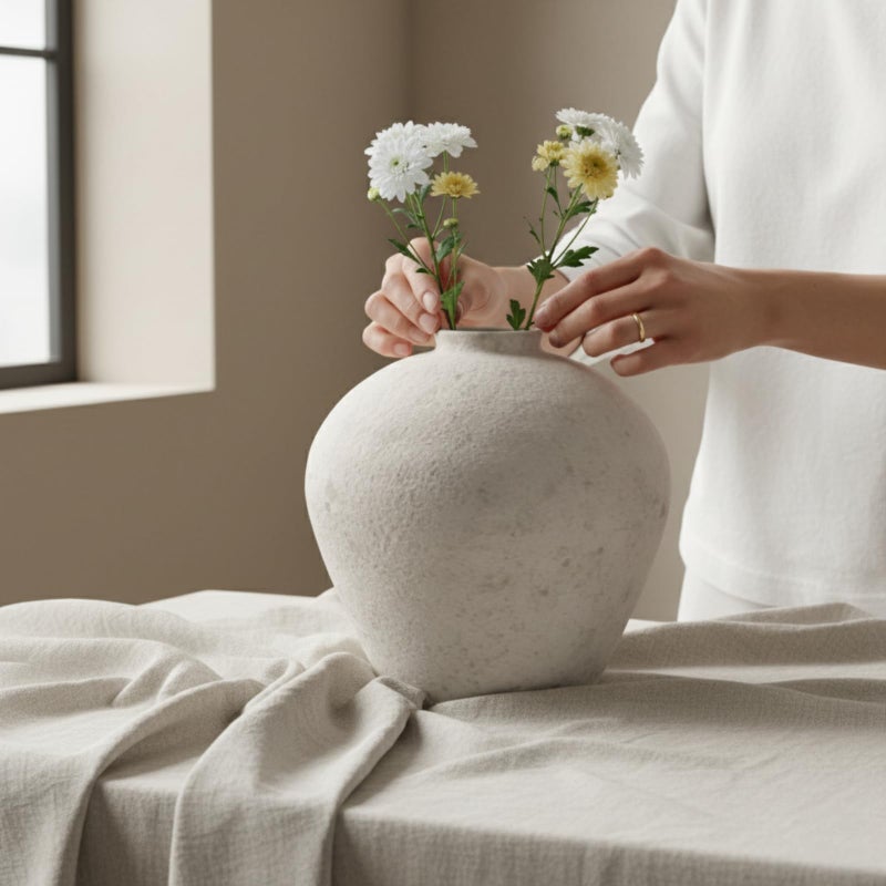 RyddeligHome Handemade Large Round Vase for Centerpieces, White Rustic Vase Farmhouse Decor, Distressed Textured for Home Decorations, Earthy Room Decor Aesthetic, Stone Look Ceramic Clay Pottery, 9 inch - Image 3