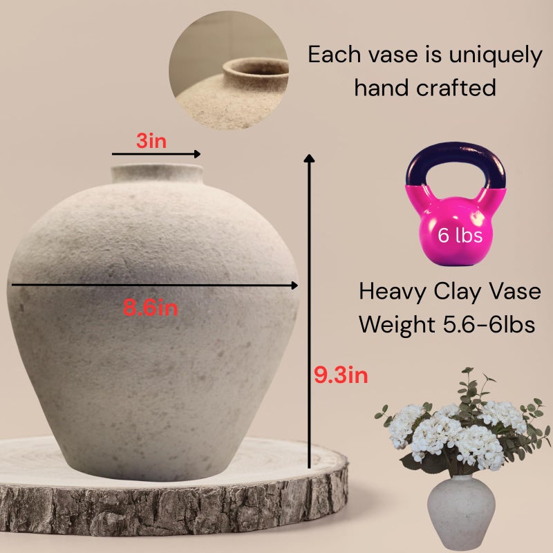 RyddeligHome Handemade Large Round Vase for Centerpieces, White Rustic Vase Farmhouse Decor, Distressed Textured for Home Decorations, Earthy Room Decor Aesthetic, Stone Look Ceramic Clay Pottery, 9 inch - Image 5
