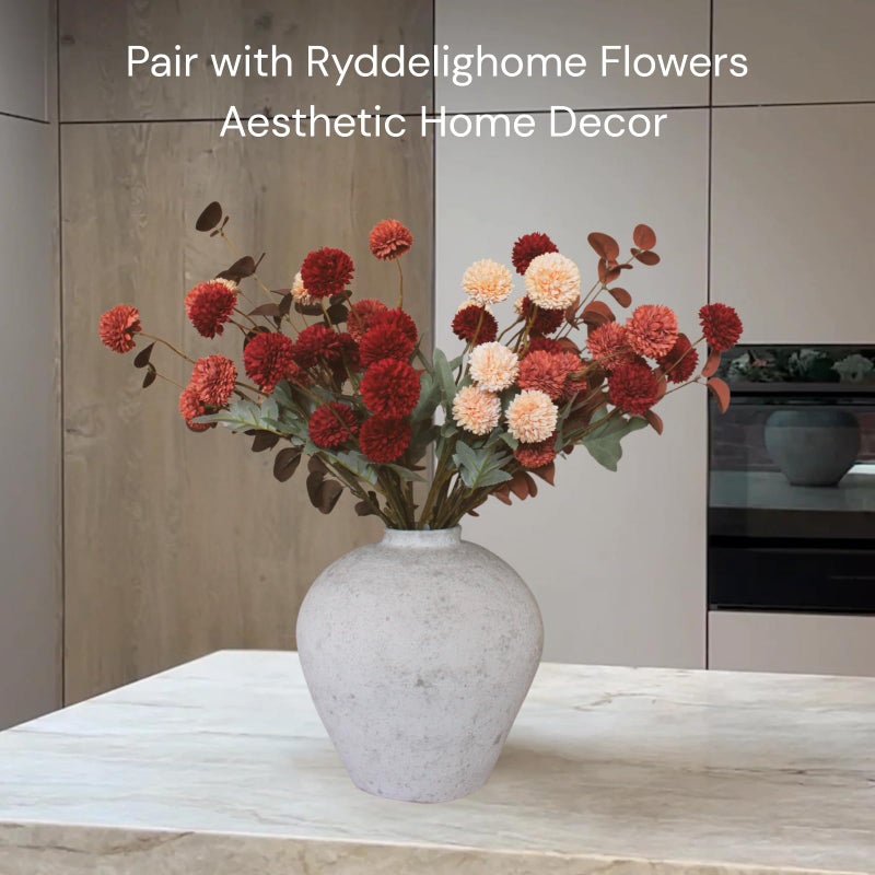 RyddeligHome Handemade Large Round Vase for Centerpieces, White Rustic Vase Farmhouse Decor, Distressed Textured for Home Decorations, Earthy Room Decor Aesthetic, Stone Look Ceramic Clay Pottery, 9 inch - Image 4