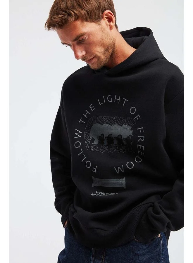 GRIMELANGE Olympos Men's 100% Organic Cotton 3-Thread Oversized Printed Hooded Cord Black Sweatshirt.