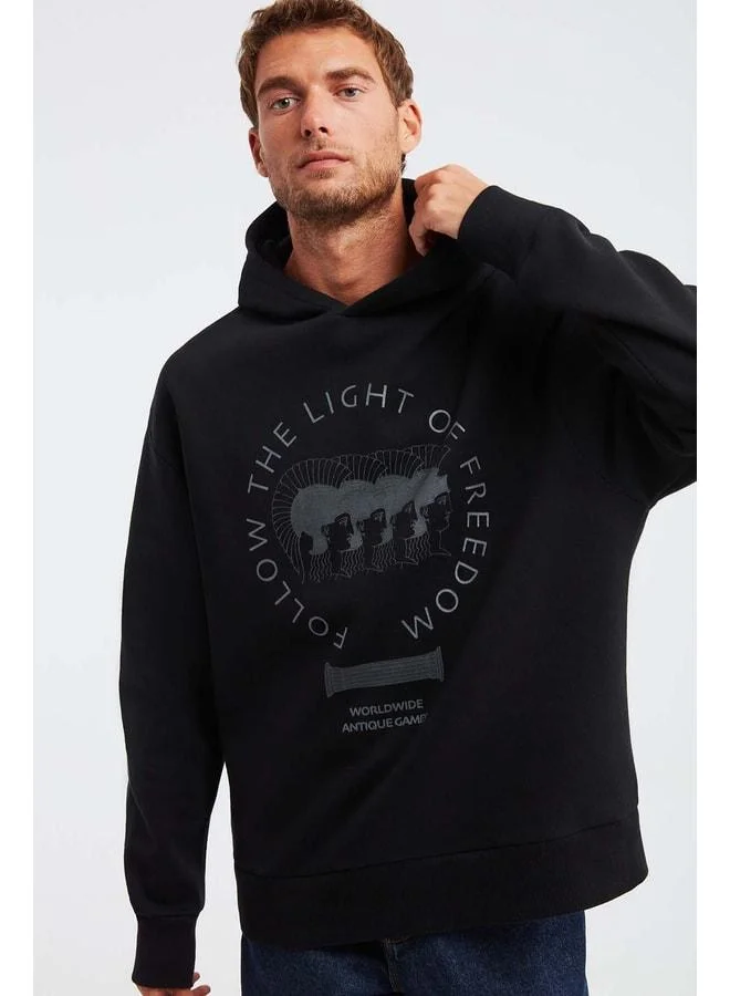 GRIMELANGE Olympos Men's 100% Organic Cotton 3-Thread Oversized Printed Hooded Cord Black Sweatshirt.