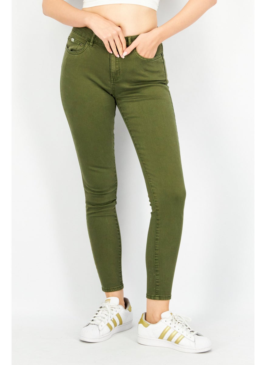EDC Women Skinny Fit Solid Stretchable Jeans, Olive  - Image 1