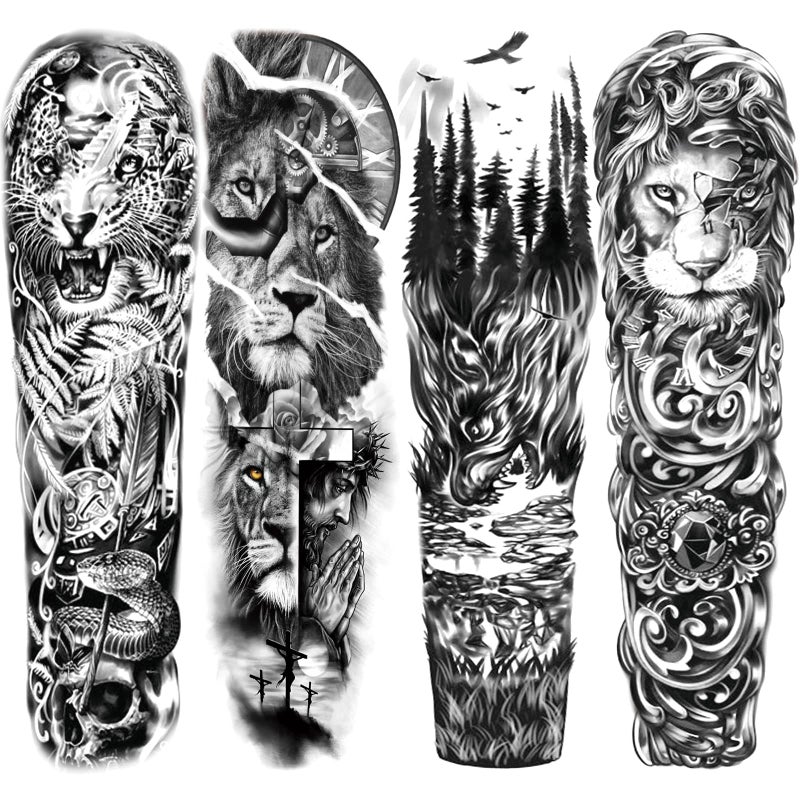 Briyhose Lion Leopard Temporary Tattoo Sleeve For Men Women Full Arm Large Black Forest Wolf Tribal Fake Tattoos Sleeve Adult Long Lasting Animal Arm Temp Tatoo Sticker Leg Body Art Makeup 4Sheet