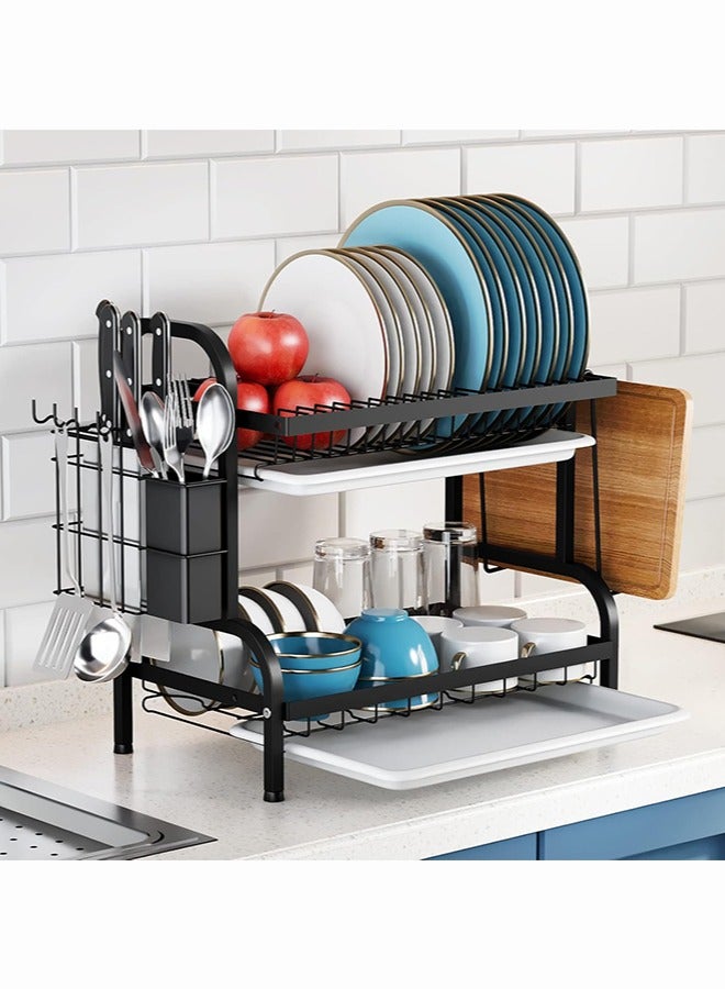 BLOOMING TIME 2-Tier Countertop Dish Drain Rack, Pull-Out Water Tray, Cutting Board Rack, Chopstick Basket, With Hooks - Image 1