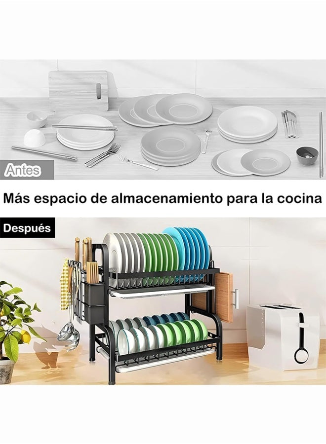 BLOOMING TIME 2-Tier Countertop Dish Drain Rack, Pull-Out Water Tray, Cutting Board Rack, Chopstick Basket, With Hooks - Image 3