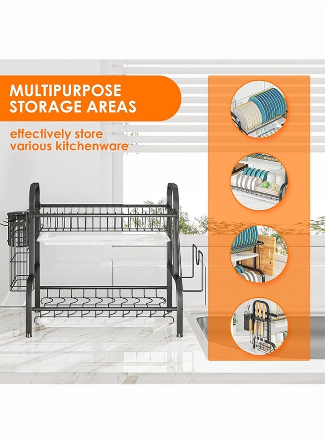 BLOOMING TIME 2-Tier Countertop Dish Drain Rack, Pull-Out Water Tray, Cutting Board Rack, Chopstick Basket, With Hooks - Image 2