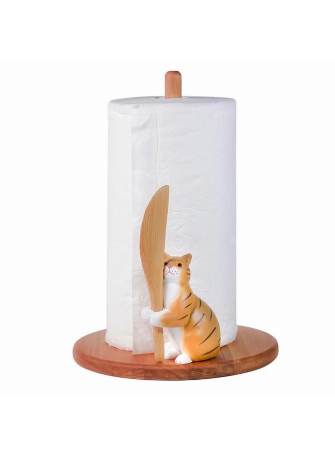 Craftmastudio Cat Wooden Paper Towel Holder,9.5" Large Thicken Base Wood Kitchen Tissue Holder, Freestanding Paper Towel Holders, Suitable for Farmhouse, Kitchen Countertop Decorative Paper Towel Holder (cat) - Image 1