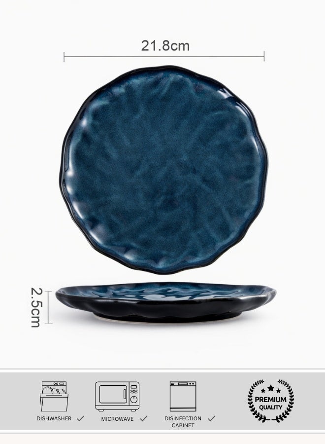 Japanese Style Ceramic Dinner Plate, Premium Porcelain Plate 9 inch, Blue Glaze Round Handcrafted Creative Dinner Plate, Perfect for Steak, Pasta, Salad, Main Courses