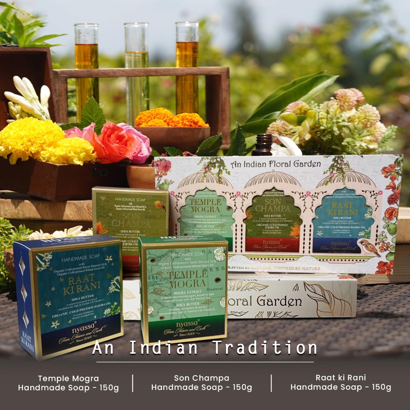 Nyassa An Indian Floral Garden Handmade Soaps Collection Gift set | 3 Natural Soaps - Son Champa, Temple Mogra & Raat ki Raani | 150gm each | For All Skin Types - Image 2
