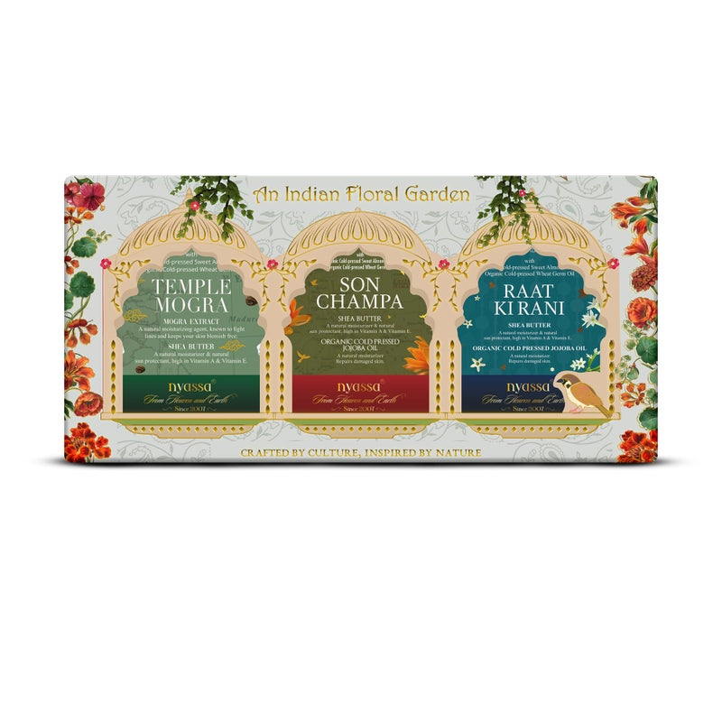 Nyassa An Indian Floral Garden Handmade Soaps Collection Gift set | 3 Natural Soaps - Son Champa, Temple Mogra & Raat ki Raani | 150gm each | For All Skin Types - Image 1