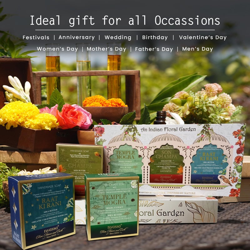 Nyassa An Indian Floral Garden Handmade Soaps Collection Gift set | 3 Natural Soaps - Son Champa, Temple Mogra & Raat ki Raani | 150gm each | For All Skin Types - Image 4