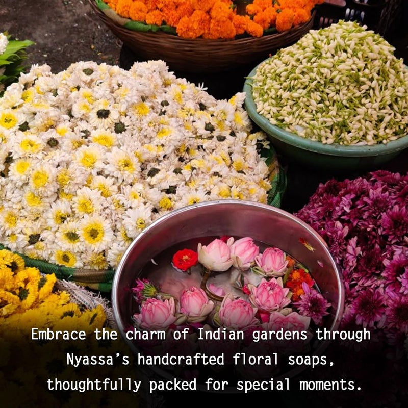 Nyassa An Indian Floral Garden Handmade Soaps Collection Gift set | 3 Natural Soaps - Son Champa, Temple Mogra & Raat ki Raani | 150gm each | For All Skin Types - Image 3