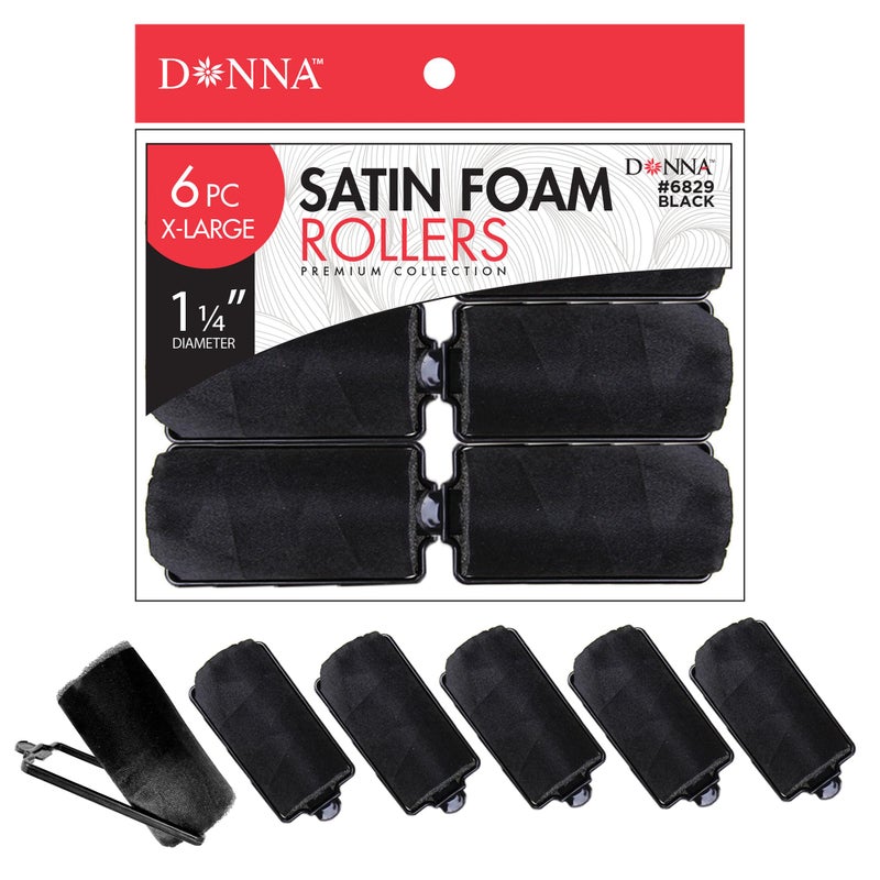 DONNA Silky Satin Foam Rollers 1.25"(D) 6PCS XL Hair Styling Heatless Curlers and Clips for Hairdressing BLACK - Image 1