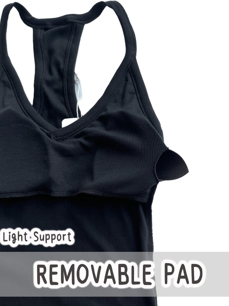 Danysu V Neck Racerback Tank Top for Women with Built in Bra Ribbed Long Tank Fitted Basic Cami Tops Black S - Image 5