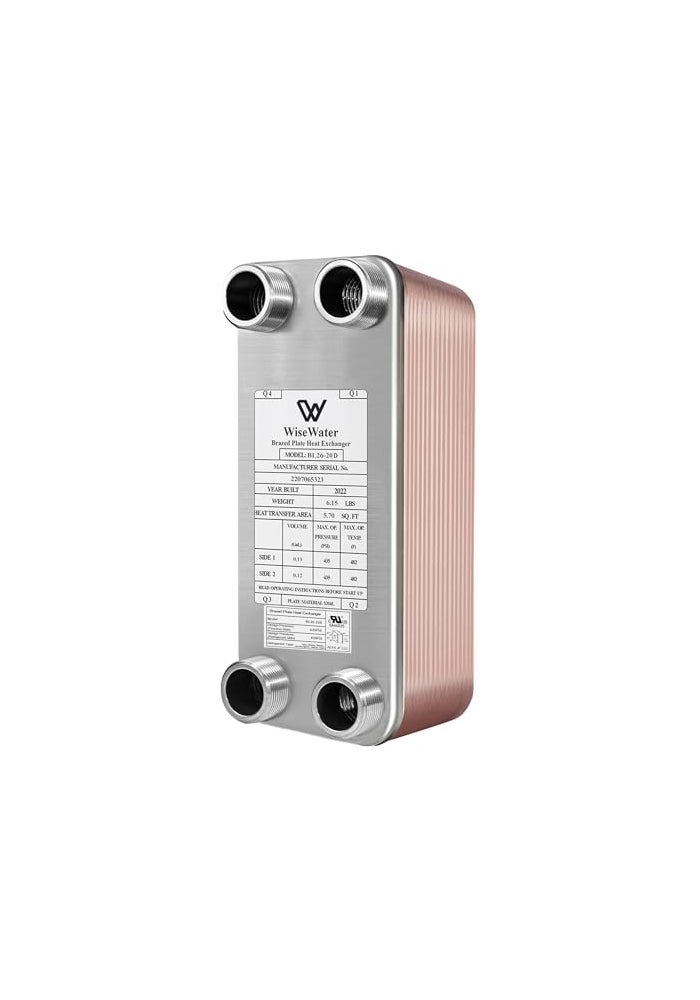 AB Plate Heat Exchanger, 4" x 12" 20 Plates Water To Water Heat Exchanger, Copper/SS316L Stainless Steel