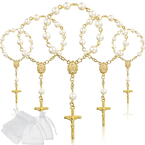 Junkin 30 Pieces Baptism Rosary Acrylic Rosary Beads Ivory Color Mini Finger Baptism Rosaries Gold Plated Faux Pearls with Organza Bags for Christening Weddings Party Favors - Image 1