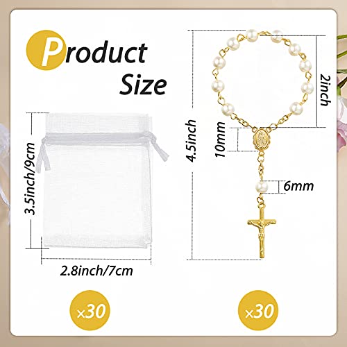 Junkin 30 Pieces Baptism Rosary Acrylic Rosary Beads Ivory Color Mini Finger Baptism Rosaries Gold Plated Faux Pearls with Organza Bags for Christening Weddings Party Favors - Image 2