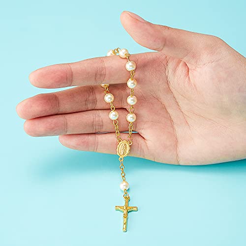 Junkin 30 Pieces Baptism Rosary Acrylic Rosary Beads Ivory Color Mini Finger Baptism Rosaries Gold Plated Faux Pearls with Organza Bags for Christening Weddings Party Favors - Image 3