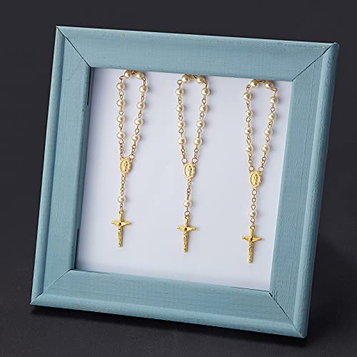 Junkin 30 Pieces Baptism Rosary Acrylic Rosary Beads Ivory Color Mini Finger Baptism Rosaries Gold Plated Faux Pearls with Organza Bags for Christening Weddings Party Favors - Image 5