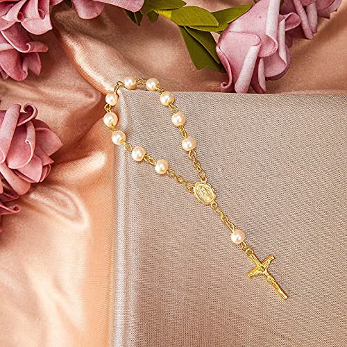 Junkin 30 Pieces Baptism Rosary Acrylic Rosary Beads Ivory Color Mini Finger Baptism Rosaries Gold Plated Faux Pearls with Organza Bags for Christening Weddings Party Favors - Image 4