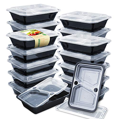 Enther 36oz Meal Prep Containers 20 Pack 3 Compartment with Removable Insert Tray 2 Tier Food Storage Bento Box with Lid, BPA Free Reusable Lunch Box Stackable/Microwave/Dishwasher/Freezer Safe Black - Image 1