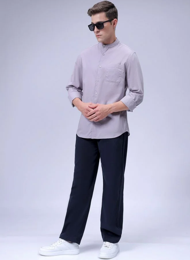 The Indian Garage Co Men Regular Fit Solid Full Sleeves Mandarin Collar Casual Shirt