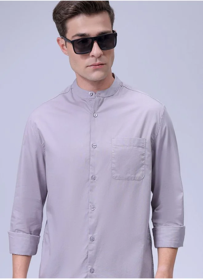 شركة المرآب الهندية Men Regular Fit Solid Full Sleeves Mandarin Collar Casual Shirt