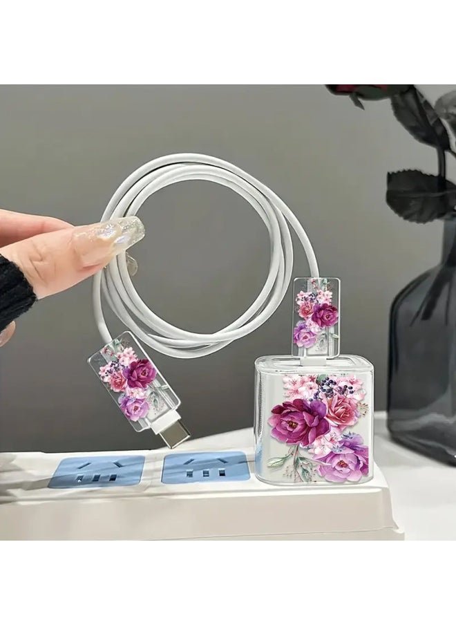 Generic Suitable For Apple 18w/20w Charger Protective Cover Bite TPU Soft Shell Protective Shell Peony Flower-Color:Peony Flower [three-piece Set - 1 Rechargeable Headband + 2 Small Heads]  - Image 2