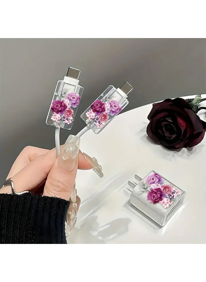 Generic Suitable For Apple 18w/20w Charger Protective Cover Bite TPU Soft Shell Protective Shell Peony Flower-Color:Peony Flower [three-piece Set - 1 Rechargeable Headband + 2 Small Heads]  - Image 4
