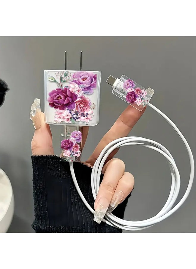 Generic Suitable For Apple 18w/20w Charger Protective Cover Bite TPU Soft Shell Protective Shell Peony Flower-Color:Peony Flower [three-piece Set - 1 Rechargeable Headband + 2 Small Heads]  - Image 5