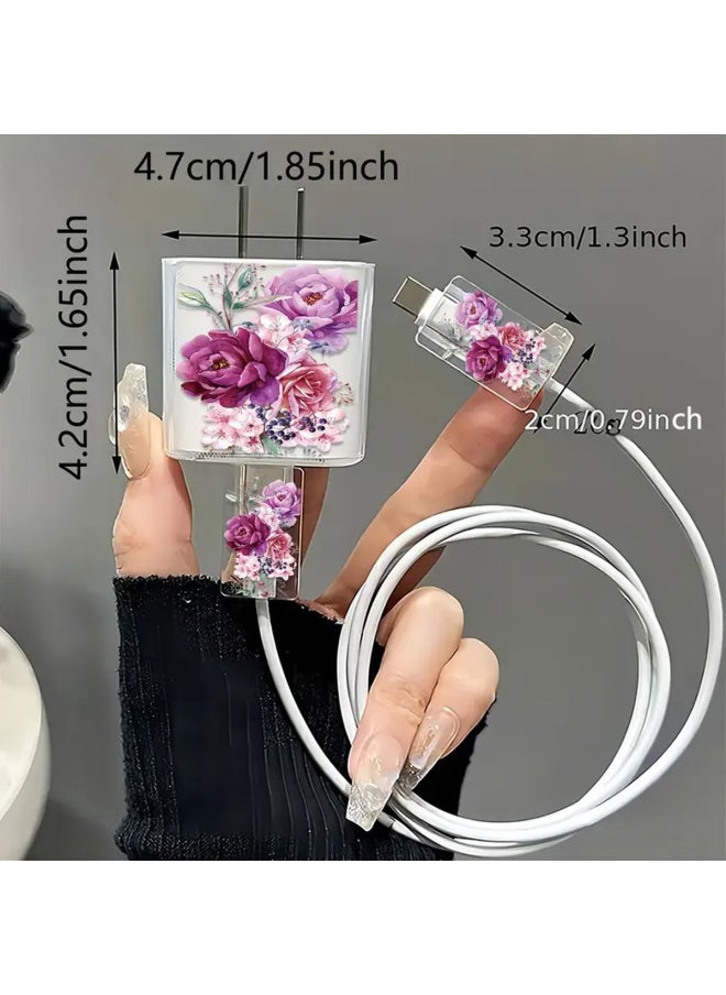 Generic Suitable For Apple 18w/20w Charger Protective Cover Bite TPU Soft Shell Protective Shell Peony Flower-Color:Peony Flower [three-piece Set - 1 Rechargeable Headband + 2 Small Heads]  - Image 1
