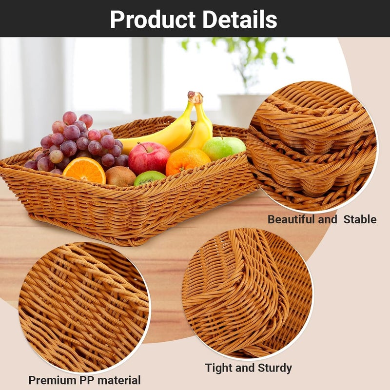 EUSOAR Poly Wicker Bread Basket, 3 Pack Natural Brown Woven Decorative Bread Basket, Loaf Bread Vegetables Fruit Snack Food Serving Storage Display Decor Baskets for Restaurant Bakery Family Party - Image 3