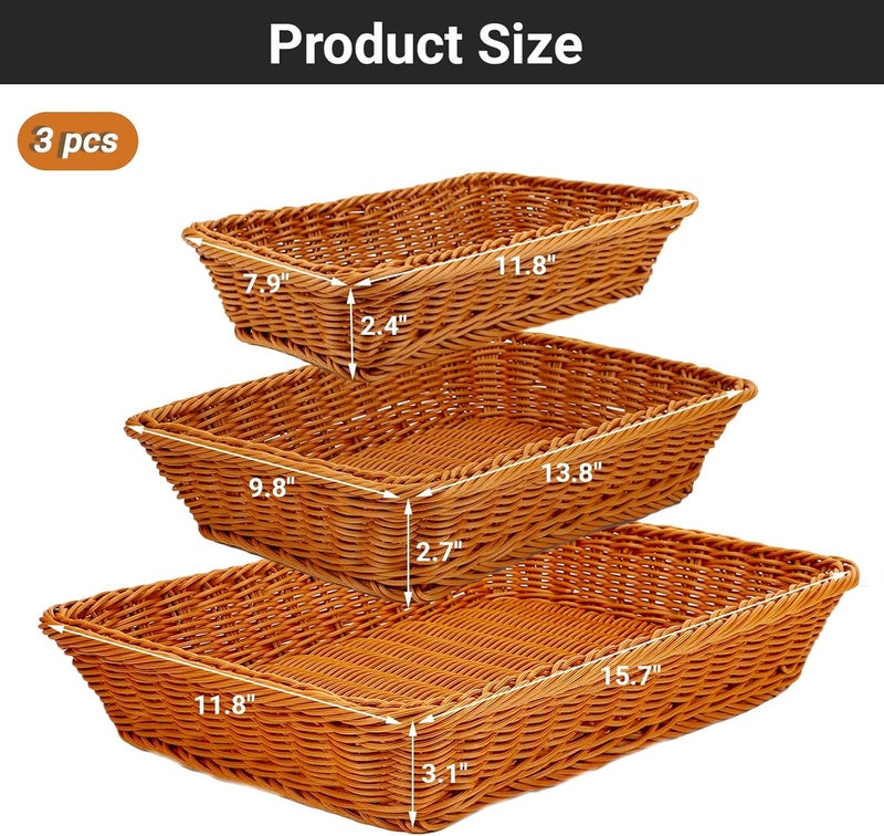 EUSOAR Poly Wicker Bread Basket, 3 Pack Natural Brown Woven Decorative Bread Basket, Loaf Bread Vegetables Fruit Snack Food Serving Storage Display Decor Baskets for Restaurant Bakery Family Party - Image 2