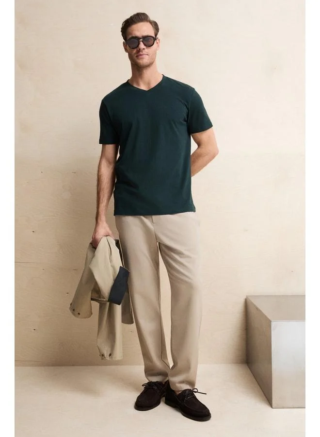 Grimelange ALMERI Men's 100% Cotton Soft Fabric V-Neck Green T-Shirt.