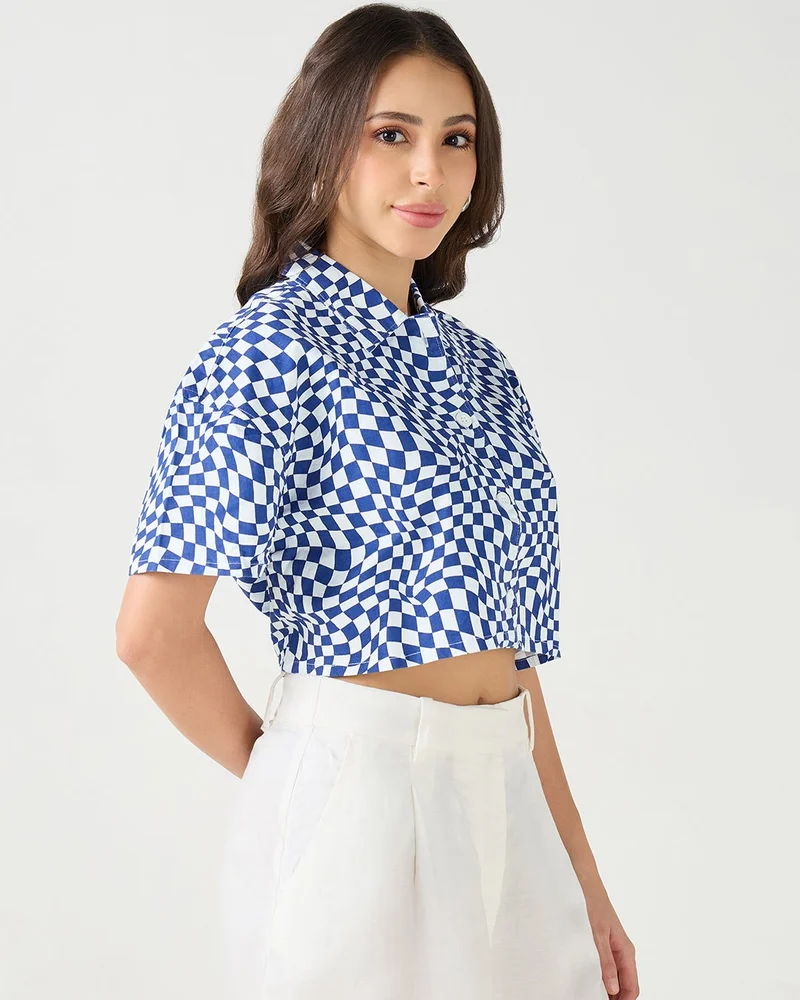 bewakoof Women's Blue & White All Over Printed Oversized Crop Shirt