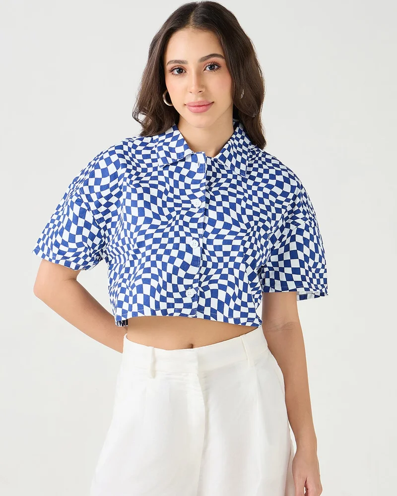 bewakoof Women's Blue & White All Over Printed Oversized Crop Shirt