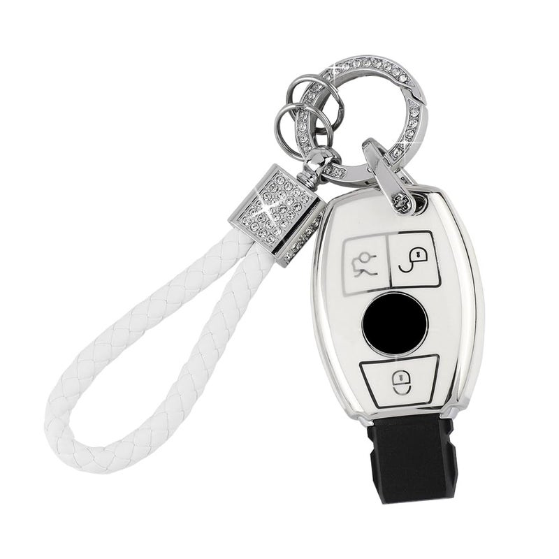 PIFOOG for Mercedes Key Fob Cover 3 Buttons Soft TPU Keys Protector Bling Keychain for Mercedes Benz C E M S CLS CLA GLK GLA GLC GLE AMG Class Girly Cute White Silver